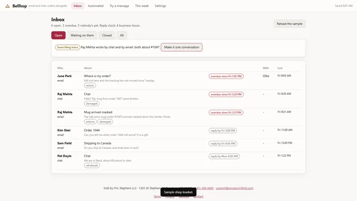Bellhop - its main screen