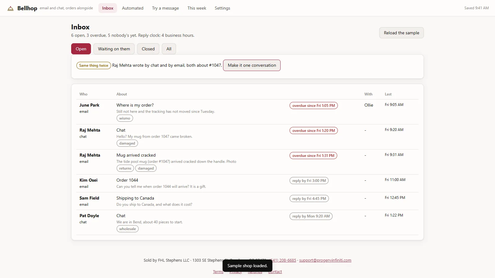Bellhop - its main screen