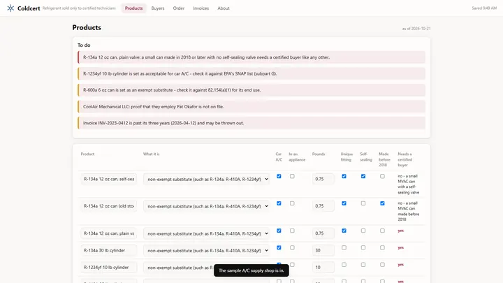 Coldcert - its main screen