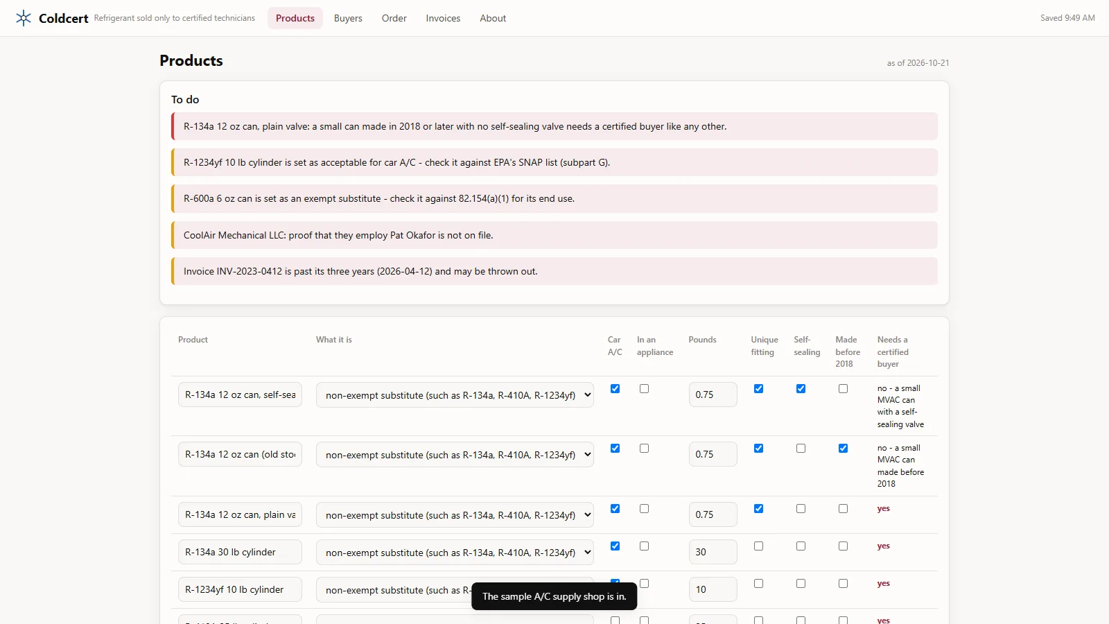 Coldcert - its main screen