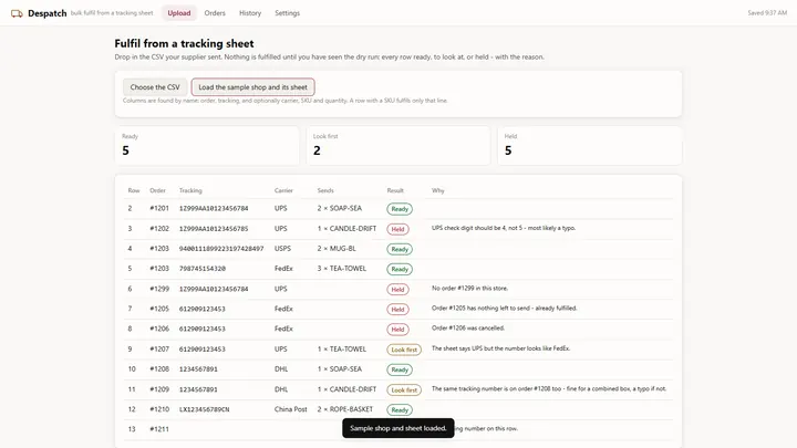Despatch - its main screen
