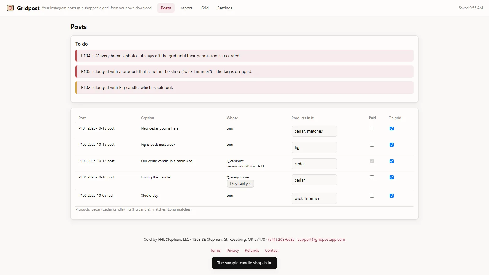 Gridpost - its main screen