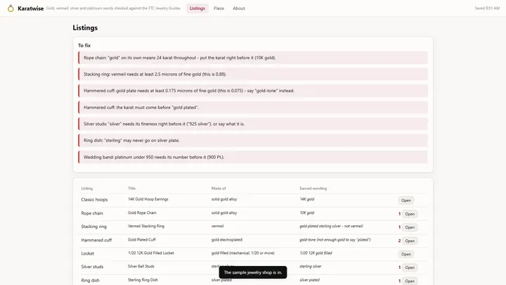 Karatwise - its main screen