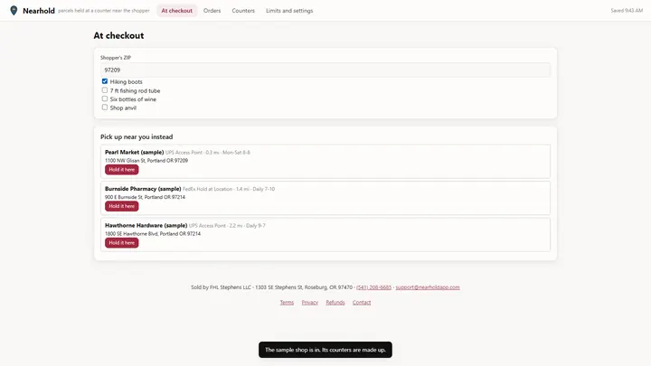 Nearhold - its main screen