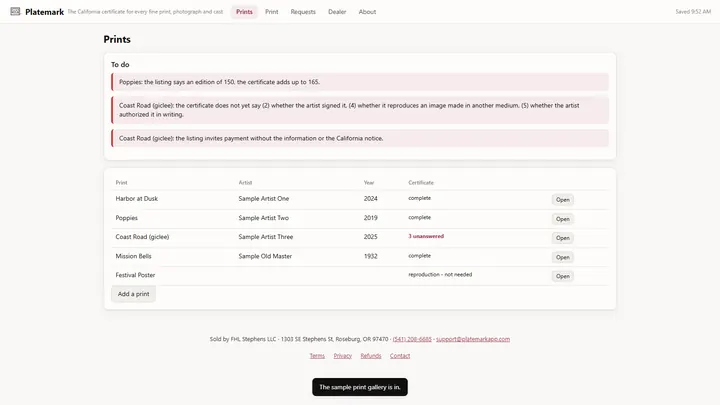 Platemark - its main screen