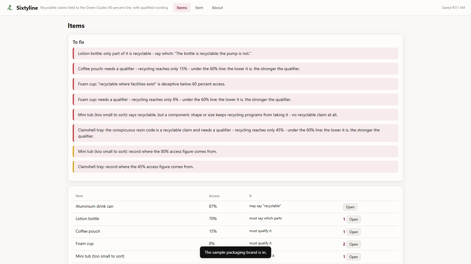 Sixtyline - its main screen