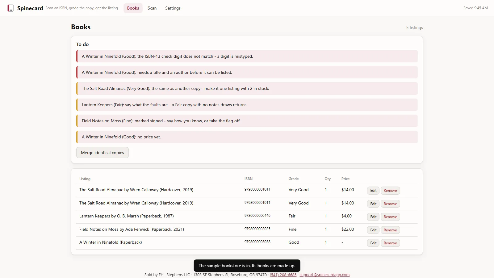 Spinecard - its main screen