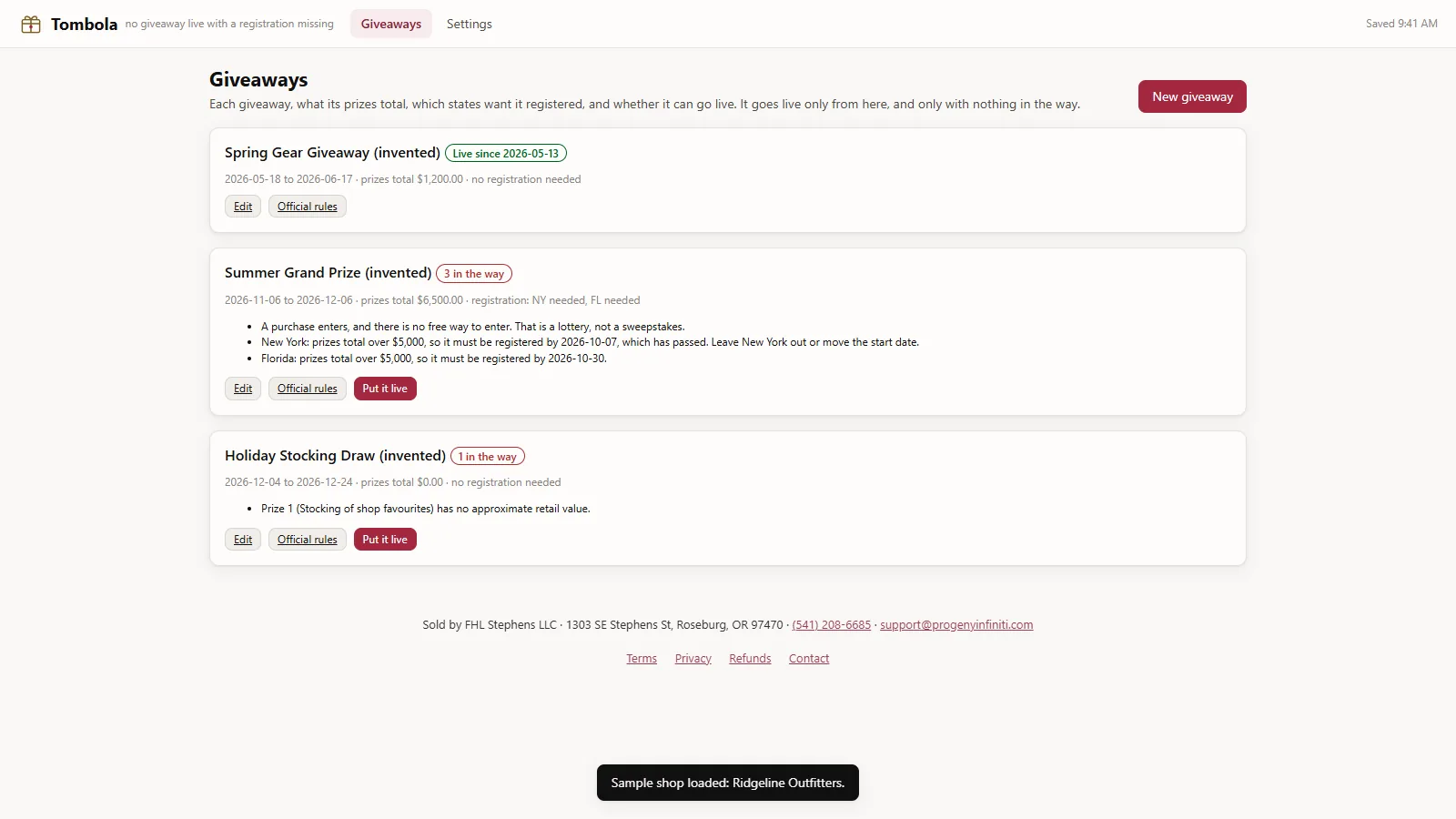 Tombola - its main screen